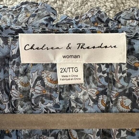 Chelsea & Theodore 2X Blue Floral Sheer Boho Blouse Balloon Sleeves Flowy - Picture 5 of 10